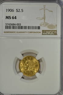 $2.5 Liberty: Grade: MS64 $2.5 Liberty dates range from late 1800's to early 1900's Designer Christian Gobrecht; weight 4.18 grams; composition .900 gold .100 copper (net weight.12094 oz. pure gold); diameter