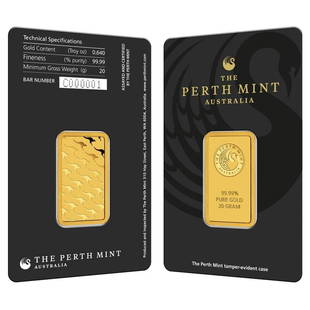 20 gram Perth Mint Gold Bar .9999 Fine (In Assay): This item qualifies for FREE DOMESTIC SHIPPING to customers in the USA You are bidding on the total lot which includes 1 of the following item: 20 gram Perth Mint Gold Bar .9999 Fine (In Assay) 