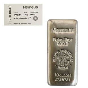 10 oz Heraeus Silver Bar .9999 Fine (w/COA): This item qualifies for FREE DOMESTIC SHIPPING to customers in the USA You are bidding on the total lot which includes 1 of the following item: 10 oz Heraeus Silver Bar .9999 Fine (w/COA) 