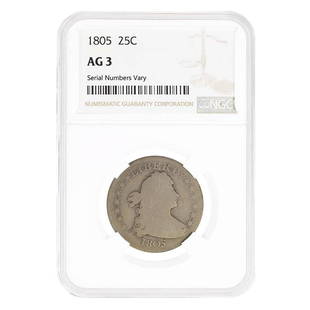 1805 Draped Bust Silver Quarter Dollar 25C NGC AG 3: This item qualifies for FREE DOMESTIC SHIPPING to customers in the USA You are bidding on the total lot which includes 1 of the following item: 1805 Draped Bust Silver Quarter Dollar 25C NGC AG 3 