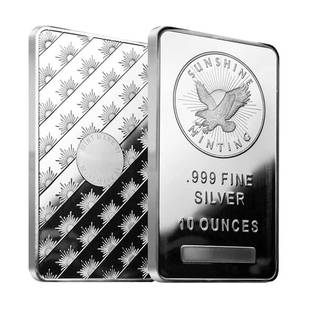 10 oz Sunshine Mint Silver Bar .999 Fine: This item qualifies for FREE DOMESTIC SHIPPING to customers in the USA You are bidding on the total lot which includes 1 of the following item: 10 oz Sunshine Mint Silver Bar .999 Fine Please