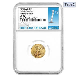 2021 1/10 oz Gold American Eagle Type 2 NGC MS 70 FDOI: This item qualifies for FREE DOMESTIC SHIPPING to customers in the USA You are bidding on the total lot which includes 1 of the following item: 2021 1/10 oz Gold American Eagle Type 2 NGC MS 70 FDOI