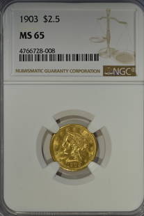 $2.5 Liberty: Grade: MS65 $2.5 Liberty dates range from late 1800's to early 1900's Designer Christian Gobrecht; weight 4.18 grams; composition .900 gold .100 copper (net weight.12094 oz. pure gold); diameter