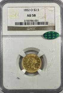 Gold Liberty: This item qualifies for FREE DOMESTIC SHIPPING to customers in the USA Gold Liberty Date: 1852 Cert: NGC Grade: AU-58 CAC Mint: O Denomination: $2.5 Notes:None The MYNT Auctions Guarantee: Photos 