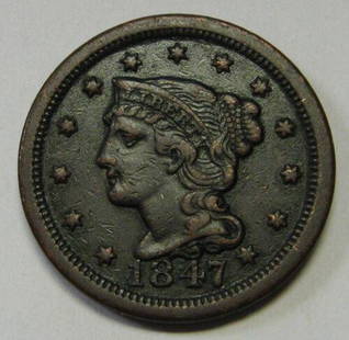 Authentic 1847 Braided Hair Large Cent in XF+ Nice: This item qualifies for FREE DOMESTIC SHIPPING to customers in the USA Modified Item: No Grade: Xf+ Country/Region Of Manufacture: United States Year: 1847 Circulated/Uncirculated: Circulated Coin: