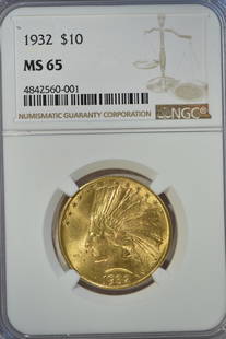 $10 Indian: Grade: MS65 $10 Gold Indians dates range from 1907-1926 Designer Augustus Saint-Gauden; weight 16.718 grams; composition .900 gold .100 copper (net weight .48375 oz. pure gold); diameter