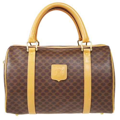 Authentic CELINE Macadam Pattern Boston Hand Bag: This item qualifies for FREE DOMESTIC SHIPPING to customers in the USA Size: Medium Pattern: Macadam Accents: Logo Features: Inner Pockets Model: Boston Hand Bag Color: Brown Country/Region of Manufac