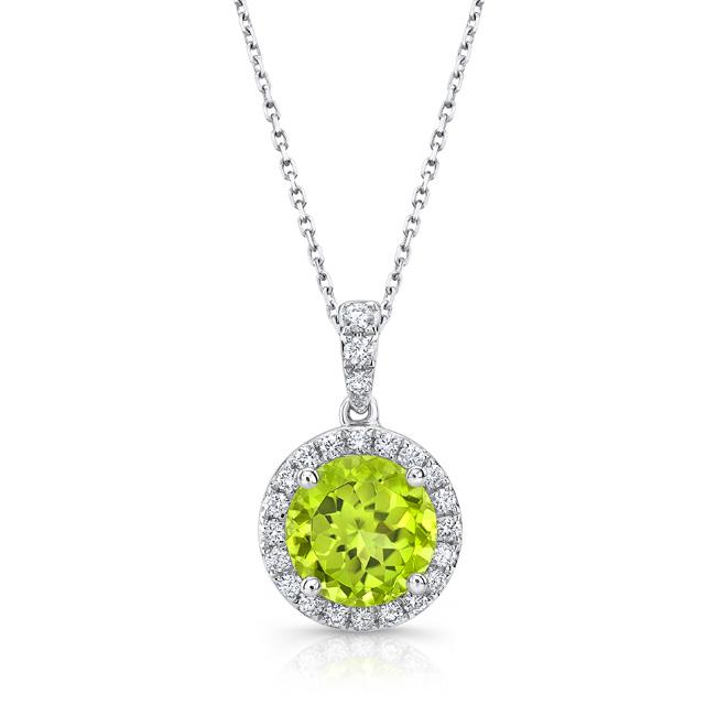 Peridot And Diamond Circle Halo Pendant In 14k White: This item qualifies for FREE DOMESTIC SHIPPING to customers in the USA 14 Karat White Gold Pendant With 1 Round Cut Peridot At 7mm Adn 23 Round Brilliant Diamonds Weighing 1/6 Carats 14 Karat White Go