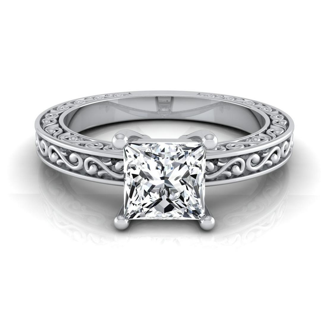 1/2ct Princess Cut Diamond Solitaire Engagement Ring: This item qualifies for FREE DOMESTIC SHIPPING to customers in the USA Fanciful Elegance Exudes From This Diamond Engagement Ring With A Scroll Design Shank, Showcasing A 0.50 Carat Princess Cut Cente