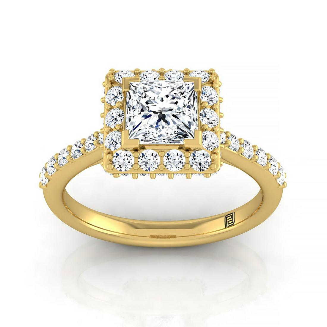 Princess Cut Diamond Halo Engagement Ring With Pave: This item qualifies for FREE DOMESTIC SHIPPING to customers in the USA A Classic Statement Of Style, This Princess Cut Diamond Halo Pave Engagement Ring Showcases Brilliant Cut Diamonds (h-i/vs 0.65 C