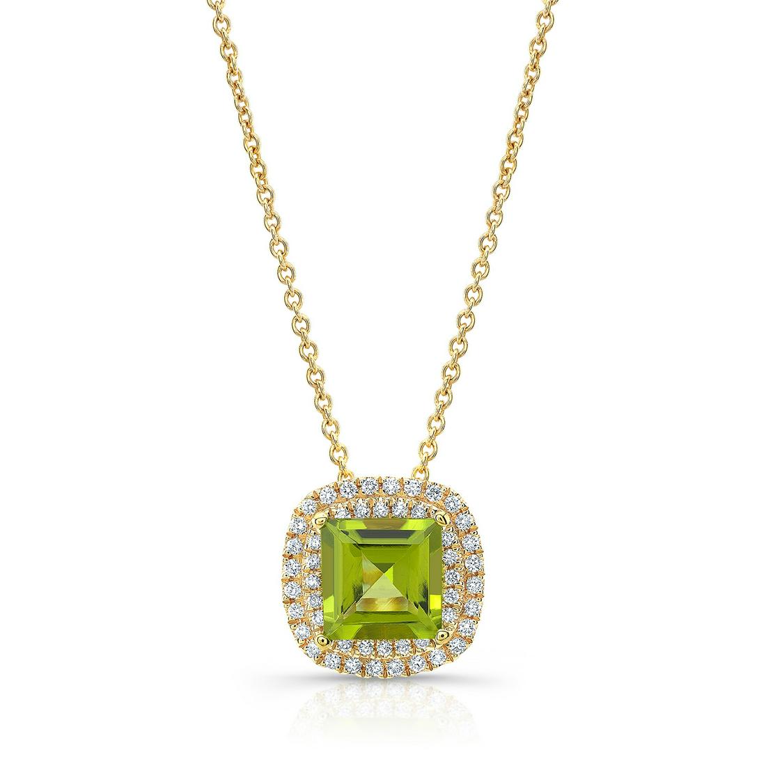 Peridot Cushion And Diamond Double Halo Pendant In 14k: This item qualifies for FREE DOMESTIC SHIPPING to customers in the USA Classic Double Halo Pendant Showcases A 7mm Square Cut Peridot Adorned By 0.20ctw Of Round Brilliant Diamonds Exquisitely Pave Se