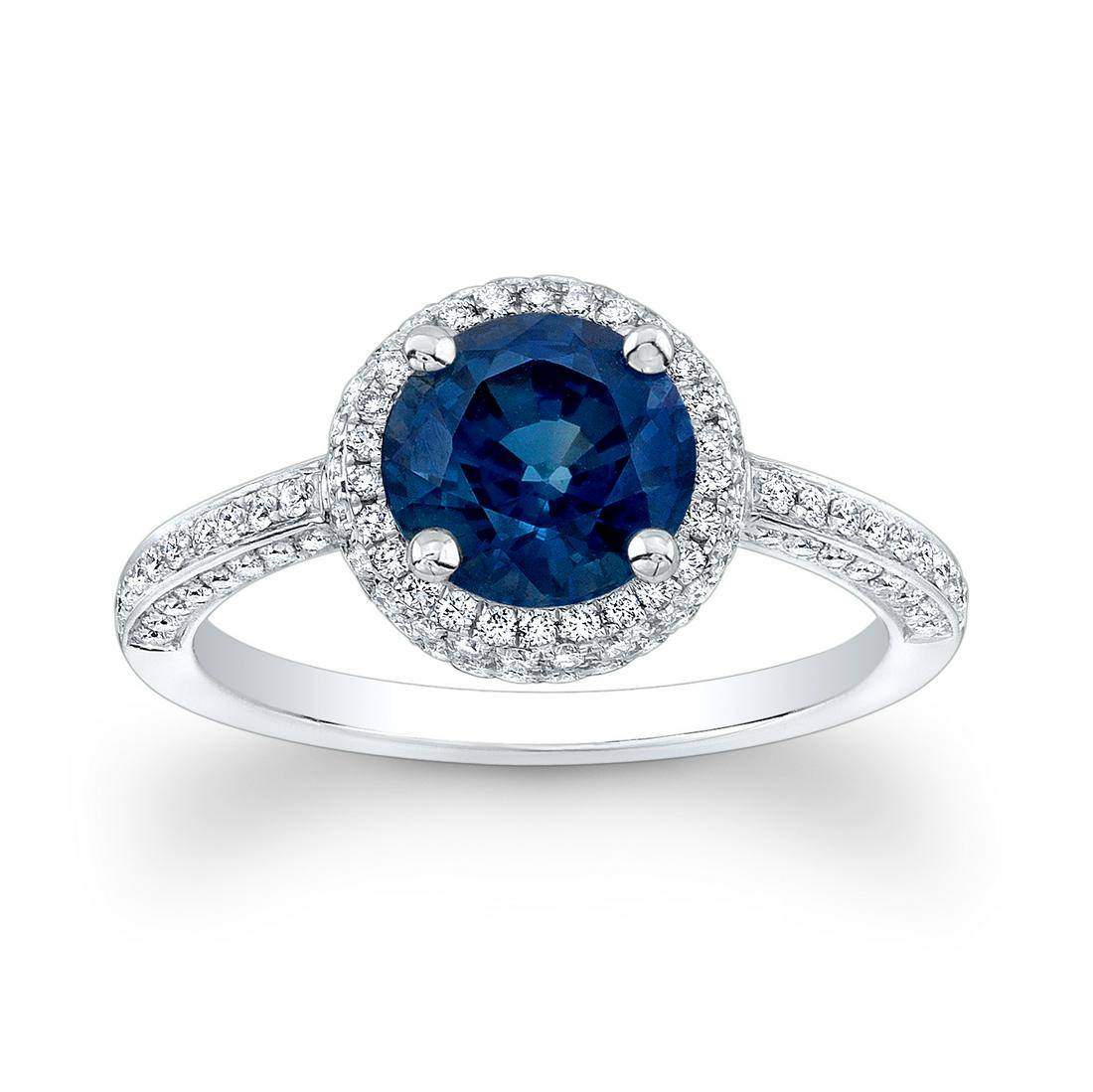 Sapphire Round And Diamond Ring 18k White Gold: This item qualifies for FREE DOMESTIC SHIPPING to customers in the USA Goregous Round Natural Sapphire Gemstone Surrounded By Double Stacked Halo In 18k White Gold 18k White Gold 1 Round Sapphire=6.5m