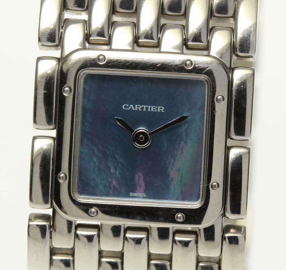 Authentic Cartier Ljuban Ice Blue Shell Quartz Ladies: This item qualifies for FREE DOMESTIC SHIPPING to customers in the USA Condition: Used (pre-owned) Wrist size is ~ 16.5cm . Case size is 21mm. There are small scars and rubbing from normal use which m