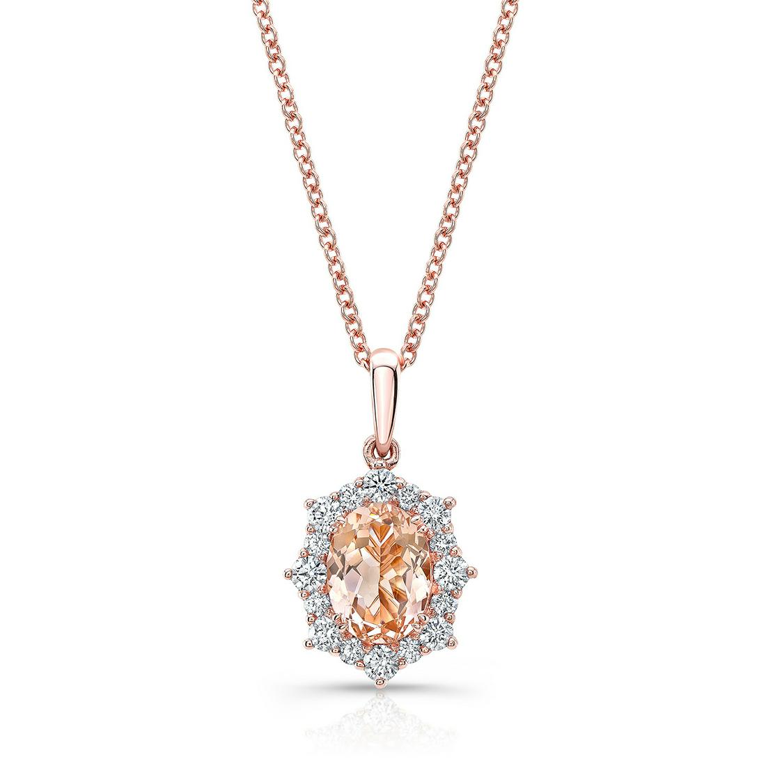 Morganite Oval And Diamond Starburst Frame Pendant In: This item qualifies for FREE DOMESTIC SHIPPING to customers in the USA Classic Pendant Showcasing Morganite And Diamond Halo Set In An Elegant 14k Rose Gold Setting 14k Rose Gold Pendant With 1 Oval M