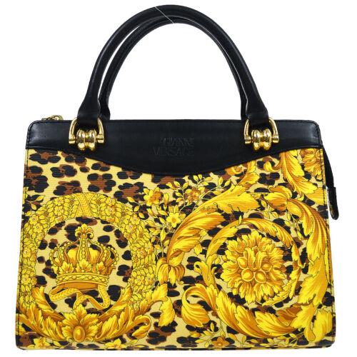 Authentic GIANNI VERSACE Sunburst Leopard 2way Hand Bag: This item qualifies for FREE DOMESTIC SHIPPING to customers in the USA Size: Medium Features: Inner Pockets Detachable Strap Accents: Logo Color: Gold Black Model: GIANNI VERSACE 2way bag MPN: Does No