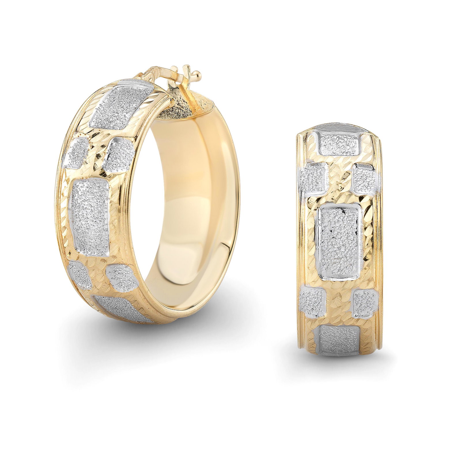 14k Gold Two-tone Textured Wide Hoop Earrings, 20mm: This item qualifies for FREE DOMESTIC SHIPPING to customers in the USA These Two-tone 20mm Hoop Earrings Are Handcrafted In Italy Of Genuine 14k Yellow And White Gold (4.5 Grams In Total). The 8mm Wid