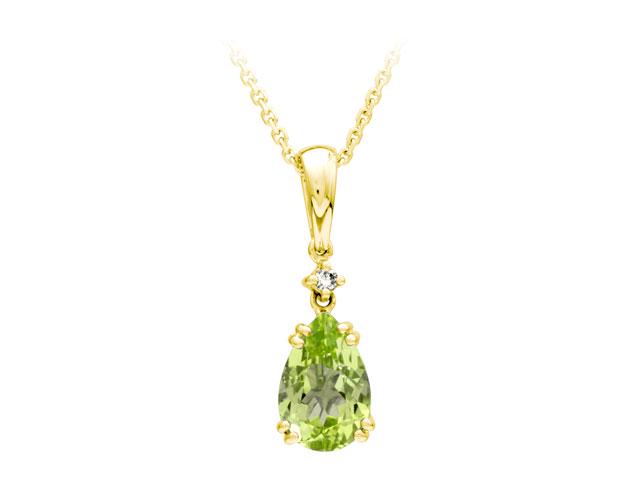 Peridot And Diamond Pendant In 14k Yellow Gold (9x6mm): This item qualifies for FREE DOMESTIC SHIPPING to customers in the USA A Breathtaking Gemstone And Diamond Teardrop Pendant Which Showcase A Bold 9x6mm Pear Shape Peridot, Accented With Round Brillian