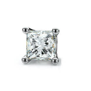 18k White Gold 4-prong Princess Diamond Single Stud: This item qualifies for FREE DOMESTIC SHIPPING to customers in the USA This Stylish Diamond Single Stud Earring Comes Set In 18k White Gold Metal With A 4-prong Setting And A Breathtaking Princess