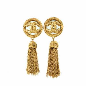 Authentic CHANEL Coco Logos Fringe Earrings Gold 93A