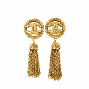 Authentic CHANEL Coco Logos Fringe Earrings Gold 93A