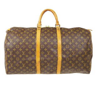 Authentic LOUIS VUITTON KEEPALL 55 TRAVEL HAND BAG: This item qualifies for FREE DOMESTIC SHIPPING to customers in the USA Size: Extra Large Features: Monogram Accents: Logo Color: Brown Model: MONOGRAM Year Manufactured: 1990-1999 Country/Region of