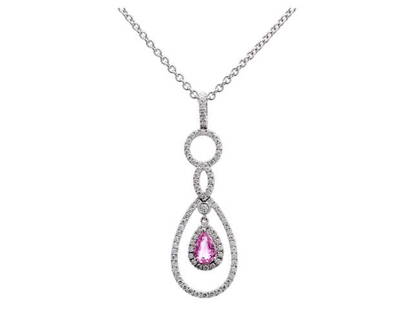 Pink Sapphire And Diamond Double Teardrop Pendant With: This item qualifies for FREE DOMESTIC SHIPPING to customers in the USA Gorgeous Double Teardrop Pendant With Open Work Bail Features A 6x4mm Pear Shape Pink Sapphire Accented By 0.40 Carats Of Round