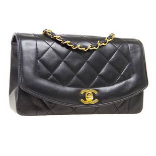 Authentic CHANEL Small Diana Chain Shoulder Bag: This item qualifies for FREE DOMESTIC SHIPPING to customers in the USA Size: Medium Pattern: Matelasse Accents: Lock Quilted Features: Non-Adjustable Strap Chain Strap Inner Pockets Model: Single