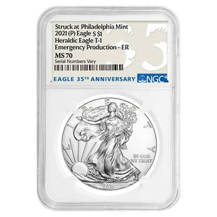 2021 (P) 1 oz Silver American Eagle NGC MS 70 ER (35th: This item qualifies for FREE DOMESTIC SHIPPING to customers in the USA You are bidding on the total lot which includes 1 of the following item: 2021 (P) 1 oz Silver American Eagle NGC MS 70 ER (35th