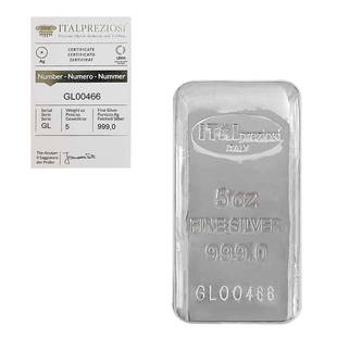 5 oz Italpreziosi Italian Silver Cast Bar .999 Fine: This item qualifies for FREE DOMESTIC SHIPPING to customers in the USA You are bidding on the total lot which includes 1 of the following item: 5 oz Italpreziosi Italian Silver Cast Bar .999 Fine