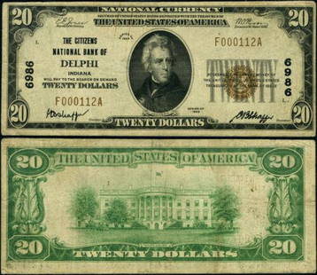 Authentic Delphi IN-Indiana $20 1929 T-1 National Bank: This item qualifies for FREE DOMESTIC SHIPPING to customers in the USA Certification: Uncertified Denomination: $20 Grade: Fine+ Type: National Bank Note Circulated/Uncirculated: Circulated Year: