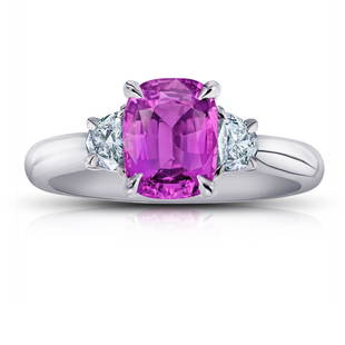 2.22 Carat Cushion Pink Sapphire and Diamond Ring: This item qualifies for FREE DOMESTIC SHIPPING to customers in the USA 2.22 carat Pink Cushion Sapphire with half moon shape diamonds .34 carats set in platinum ring. The Mynt Auctions Guarantee: