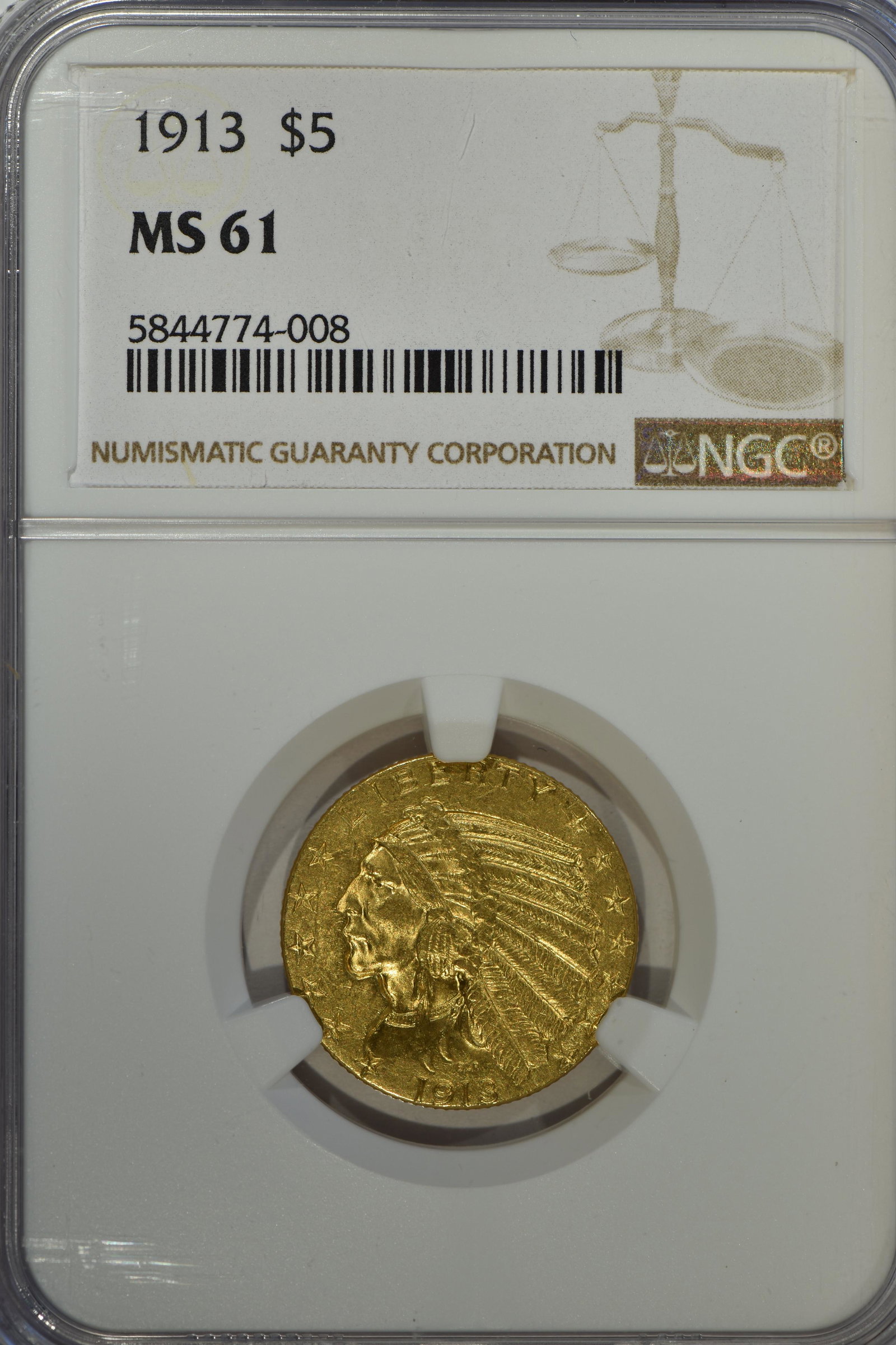 $5 Indian: Grade: MS61 $5 gold Indian dates range from 1908-1929 Designer Bela Lyon Pratt; weight 8.359 grams; composition .900 gold .100 copper (net weight .24187 oz. pure gold); diameter 21.6 mm; reeded edge m