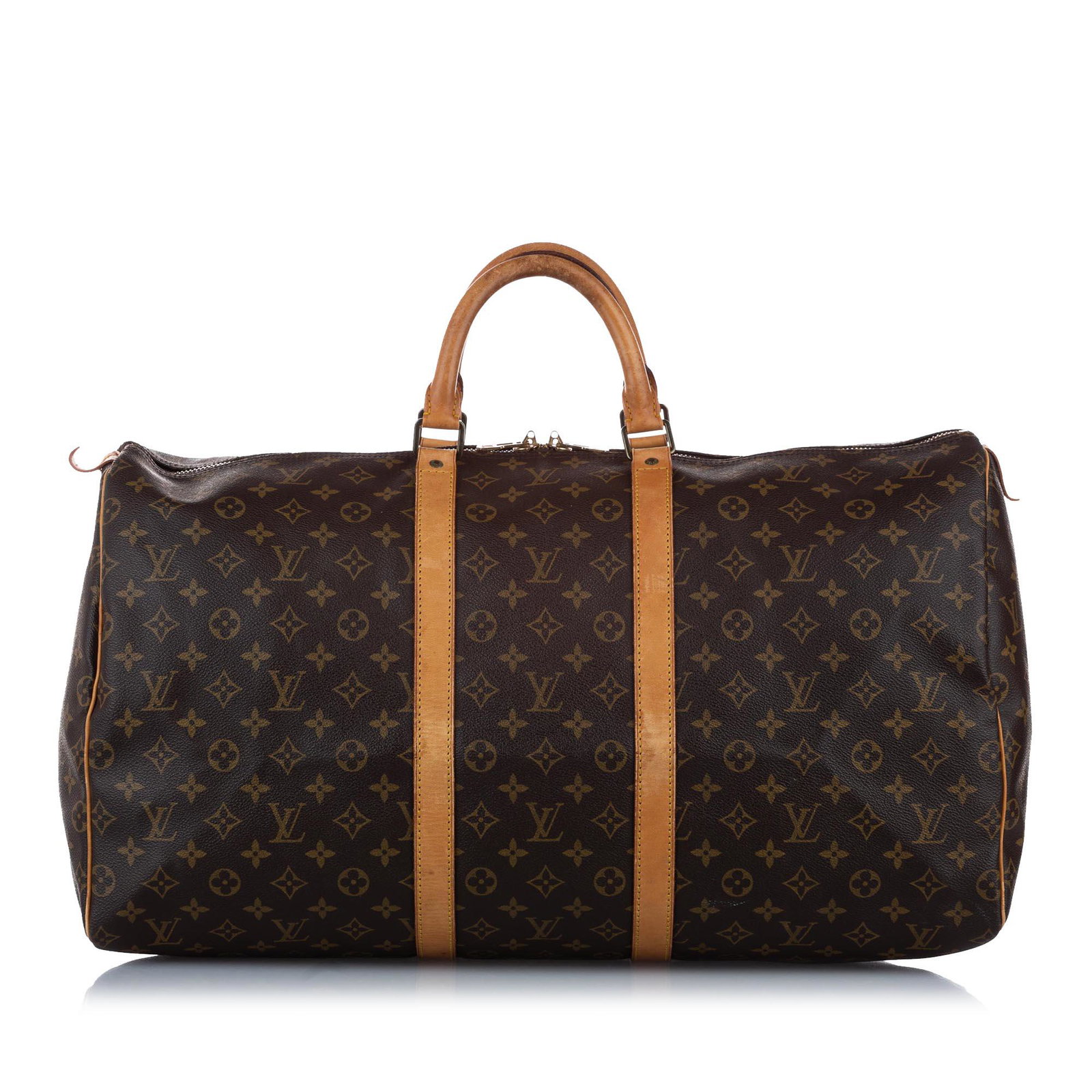 Authentic Louis Vuitton Monogram Keepall 55: This item qualifies for FREE DOMESTIC SHIPPING to customers in the USA The Keepall 55 features a monogram canvas body with leather trim a rolled leather handles and a top zip closure. Brand: Louis Vui