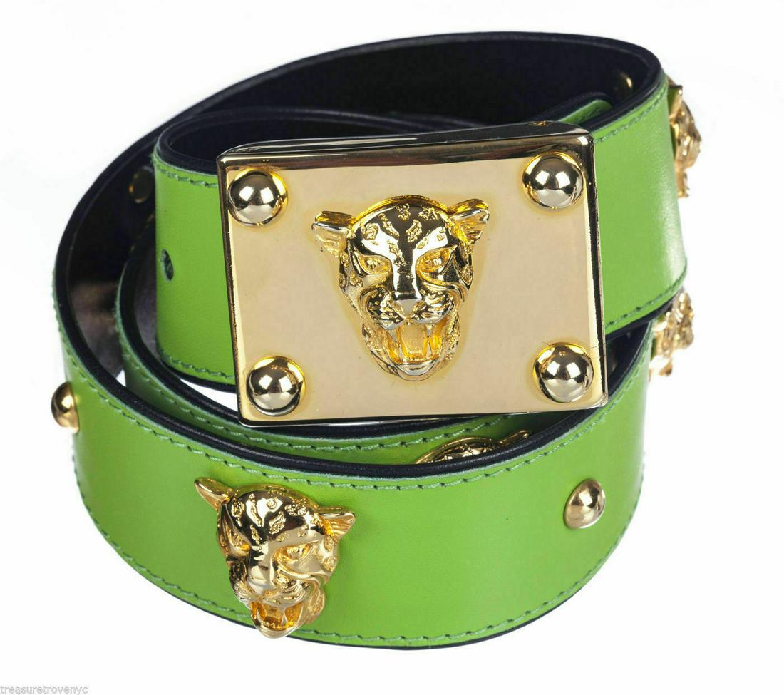 SIGNED ESCADA BRIGHT GREEN LEATHER W PANTHER GOLD TONE: This item qualifies for FREE DOMESTIC SHIPPING to customers in the USA Escada bright green leather belt with embossed gold tonepanther detailing made in Western Germany.Circa 1980's.Belt will fit size