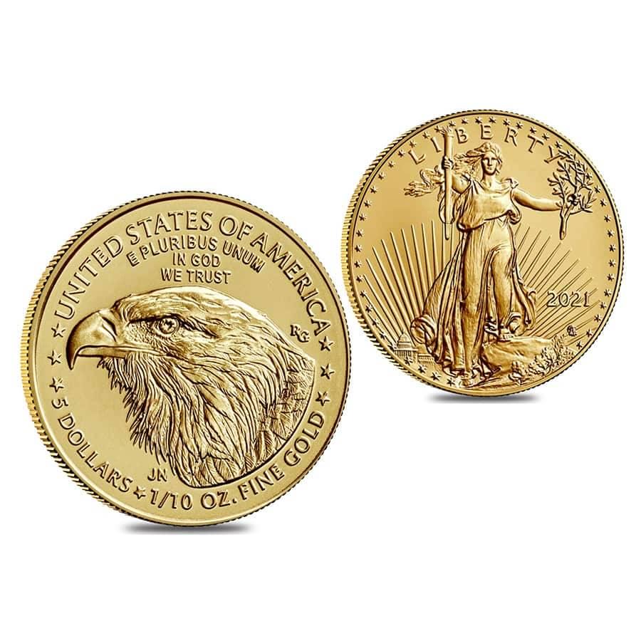 2021 1/10 oz Gold American Eagle $5 Coin BU Type 2: This item qualifies for FREE DOMESTIC SHIPPING to customers in the USA You are bidding on the total lot which includes 1 of the following item: 2021 1/10 oz Gold American Eagle $5 Coin BU Type 2 Pleas