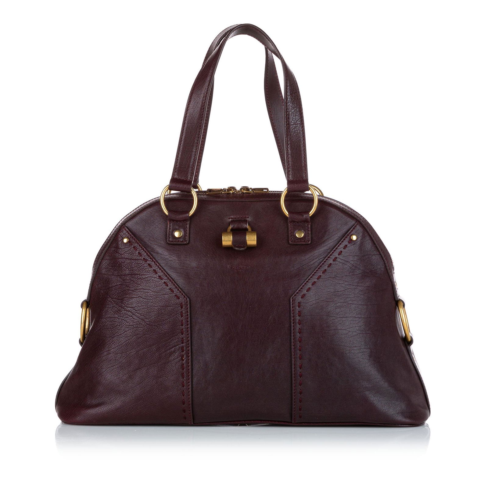 Authentic YSL Muse Leather Handbag: This item qualifies for FREE DOMESTIC SHIPPING to customers in the USA The Muse features a leather body flat leather handles gold-tone hardware a clochette a top zip closure and an interior zip pocket