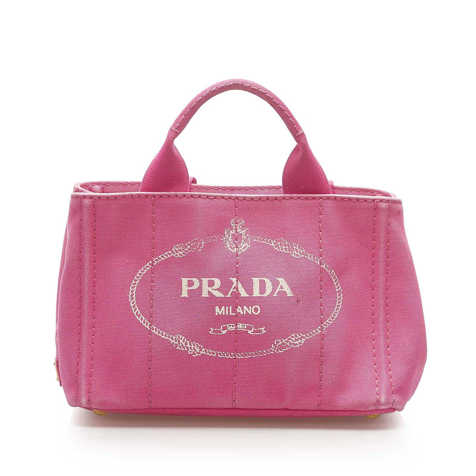 Authentic Prada Canapa Satchel: This item qualifies for FREE DOMESTIC SHIPPING to customers in the USA This satchel features a canvas body flat top handles a detachable strap an open top and an interior zip pocket. Brand: Prada Mode