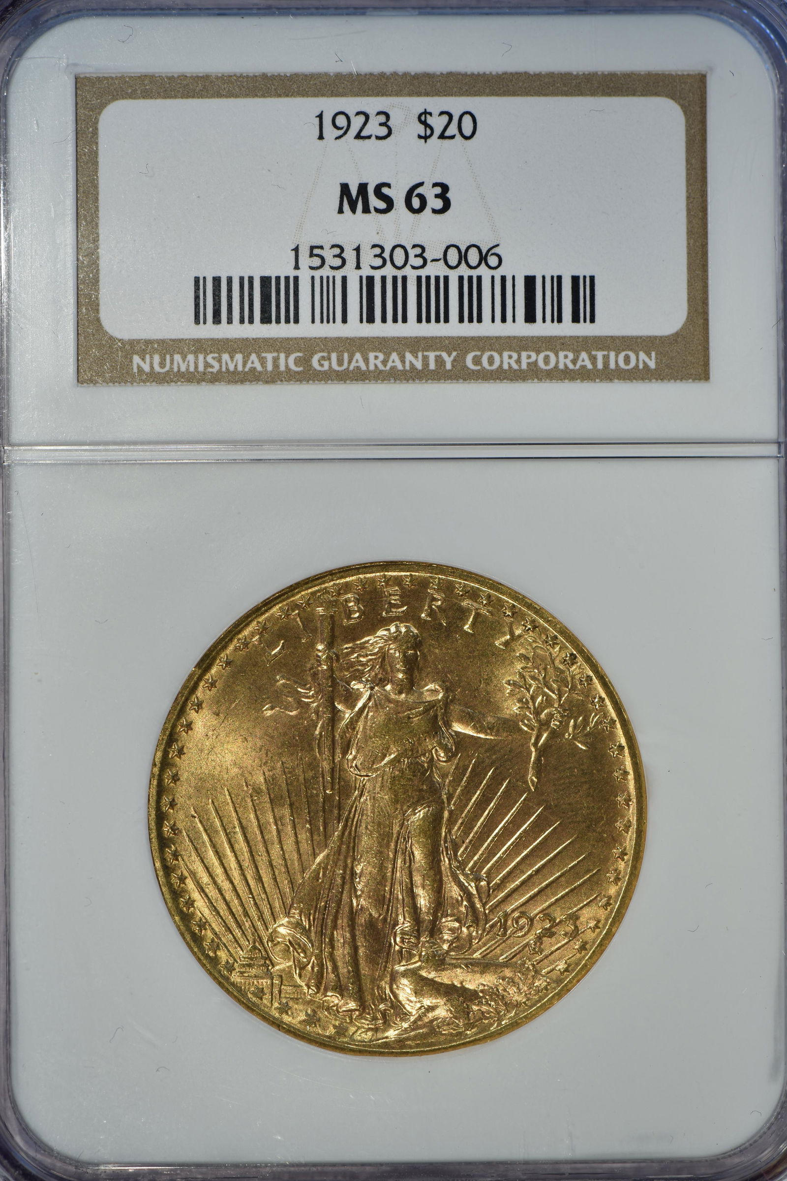 $20 Saint Gauden MS63: This item qualifies for FREE DOMESTIC SHIPPING to customers in the USA Grade: MS63 $20 Gold Saint Gauden dates range from 1907-1928 Designer Augustus Saint-Gauden; weight 33.436 grams: composition .90