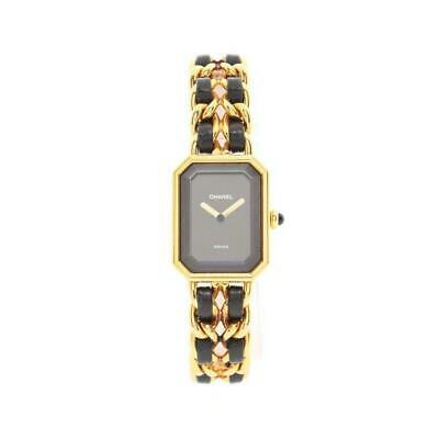 Authentic CHANEL Premiere L H0001 Quartz GP Leather: This item qualifies for FREE DOMESTIC SHIPPING to customers in the USA Brand: CHANEL Product Name: CHANEL Premiere L Watch Ladies Quartz GP Leather Gold Black Dial second hand Assessment result: B Mod