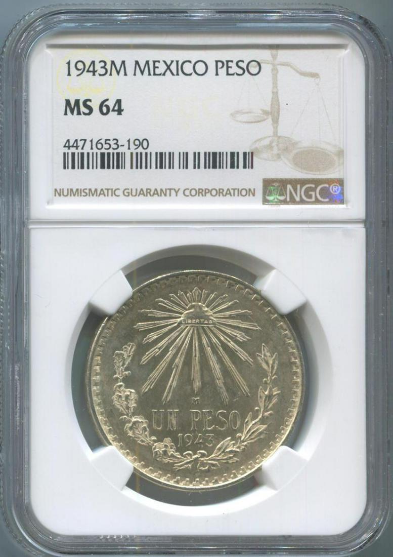 1943 M Mexico Silver Peso. NGC MS 64: This item qualifies for FREE DOMESTIC SHIPPING to customers in the USA 1943 M Mexico Silver Peso NGC MS 64 Please see high resolution images The MYNT Guarantee: Photos descriptions and estimates