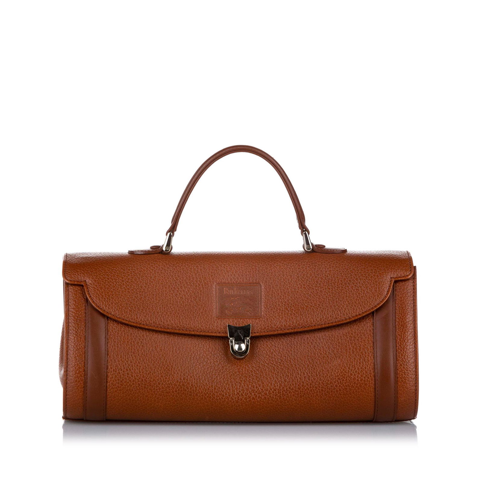 Authentic Burberry Leather Handbag: This item qualifies for FREE DOMESTIC SHIPPING to customers in the USA This handbag features a leather body a flat top handle a front flap with a stud closure and an interior zip and slip pockets. Bra