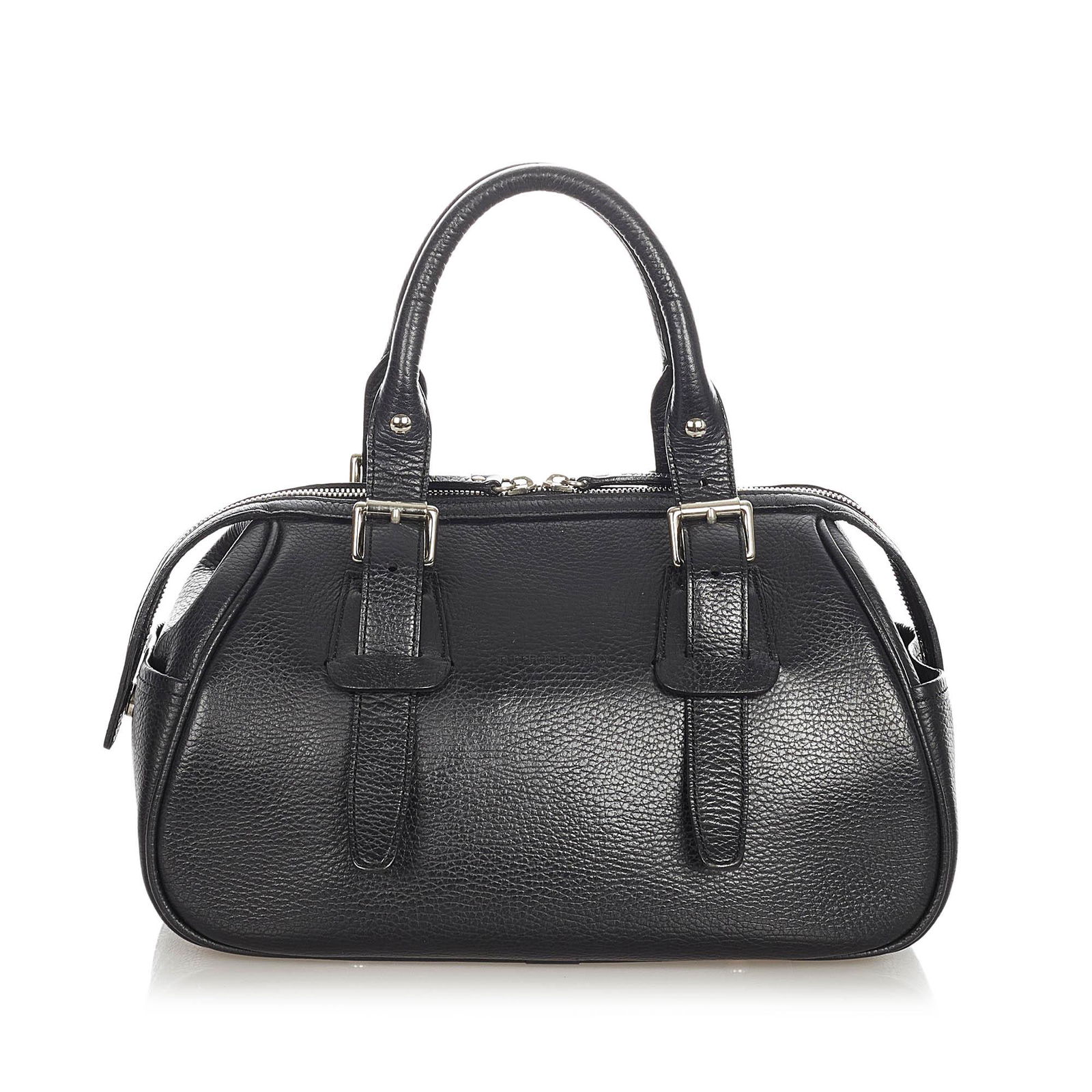 Authentic Burberry Leather Handbag: This item qualifies for FREE DOMESTIC SHIPPING to customers in the USA This handbag features a leather body with buckle details exterior side slip pockets rolled leather handles and a top zip closure.