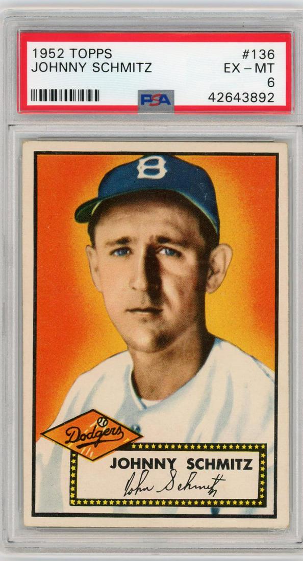 1952 Topps Johnny Schmitz #136. PSA 6 EX-MT: This item qualifies for FREE DOMESTIC SHIPPING to customers in the USA 1952 Topps Johnny Schmitz #136 PSA 6 EX-MT The MYNT Guarantee: Photos descriptions and estimates were prepared with the utmost ca