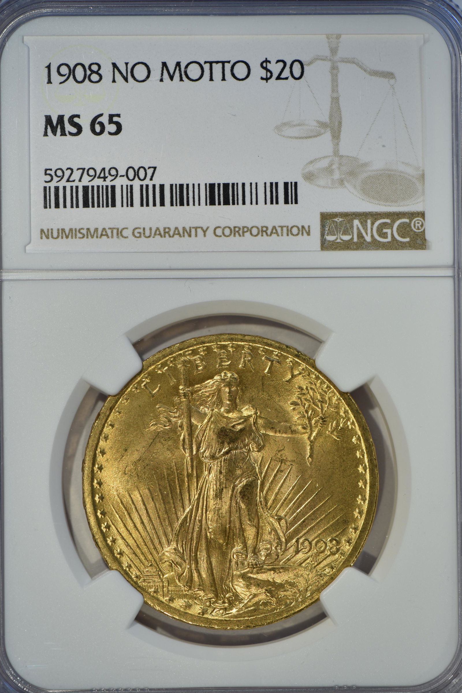 $20 Saint Gauden MS65: This item qualifies for FREE DOMESTIC SHIPPING to customers in the USA Grade: MS65 $20 Gold Saint Gauden dates range from 1907-1928 Designer Augustus Saint-Gauden; weight 33.436 grams: composition .90