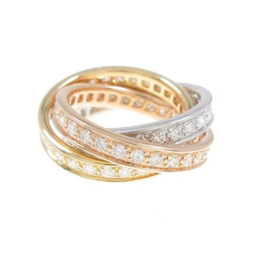Authentic Cartier Three Bangle's ring: This item qualifies for FREE DOMESTIC SHIPPING to customers in the USA Brand: Cartier Actualsize: W : 7.5Mm Estimation Length Of 1 Pcs : 3.2Mm Material: 750 Three Color Centerstone: Diamond Gender: La