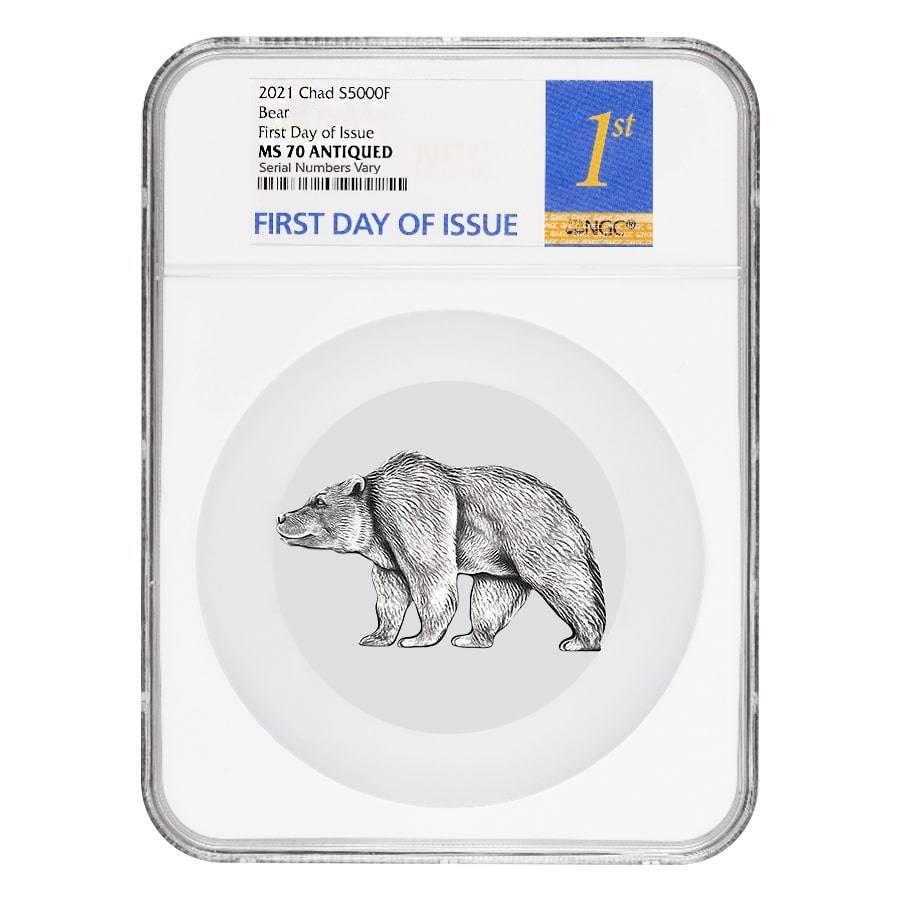 2021 Chad 1 oz Silver Bear Shaped Coin NGC MS 70 FDOI: This item qualifies for FREE DOMESTIC SHIPPING to customers in the USA You are bidding on the total lot which includes 1 of the following item: 2021 Chad 1 oz Silver Bear Shaped Coin NGC MS 70 FDOI An