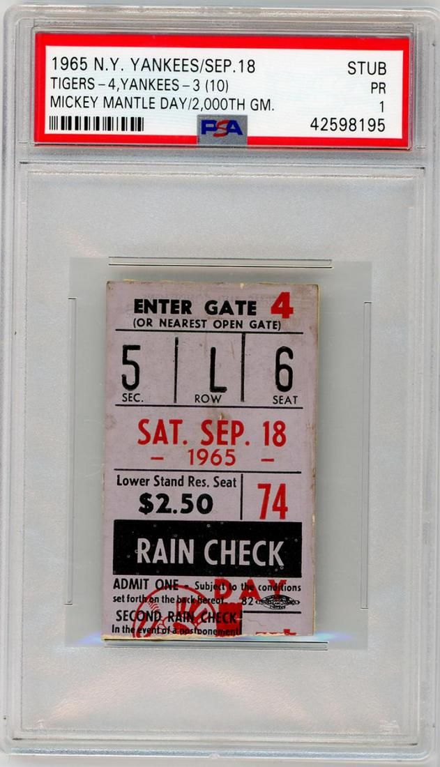 1965 1st Mickey Mantle Day Ticket Stub. PSA 1 PR: This item qualifies for FREE DOMESTIC SHIPPING to customers in the USA 1965 1st Mickey Mantle Day Ticket Stub PSA 1 PR Mickey Mantle's 2 000th game! Please see high resolution images. The MYNT Guarant