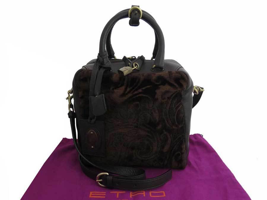 Authentic Etro 2way Bag Paisley Dark Brown Velor: This item qualifies for FREE DOMESTIC SHIPPING to customers in the USA Brand: Etro Type: Handbag Material: Leather Color: Dark brown Size (HxWxD): 24cm x 24cm x 11cm / 9.44'' x 9.44'' x 4.33'' Conditi