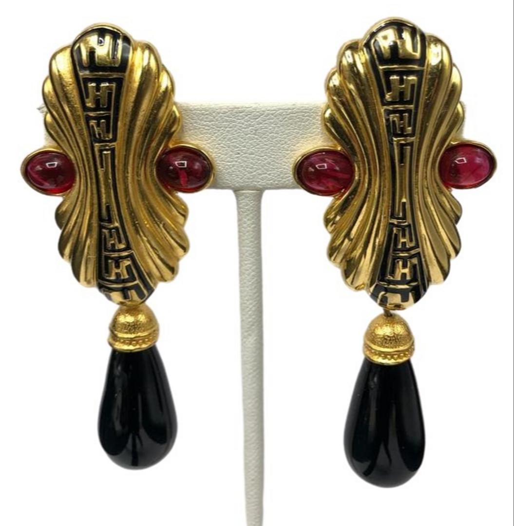 Authentic Fendi Monogram Chandelier Earring W/ Black: This item qualifies for FREE DOMESTIC SHIPPING to customers in the USA Brand: Fendi Style: Chandelier Earring Hallmark:: Yes Fastening: Clip Category: Earrings Materials: Gold tone, enamel, simulated 