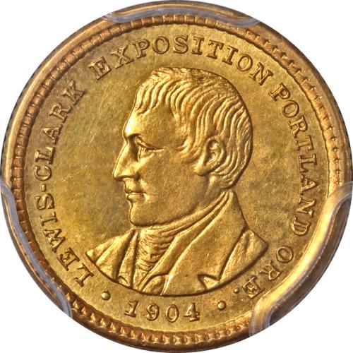 Authentic 1904 Lewis and Clark Commemorative Gold $1: This item qualifies for FREE DOMESTIC SHIPPING to customers in the USA Certification: PCGS Circulated/Uncirculated: Uncirculated Grade: MS64 Certification Number: 7447.64/83925358 Composition: Silver 